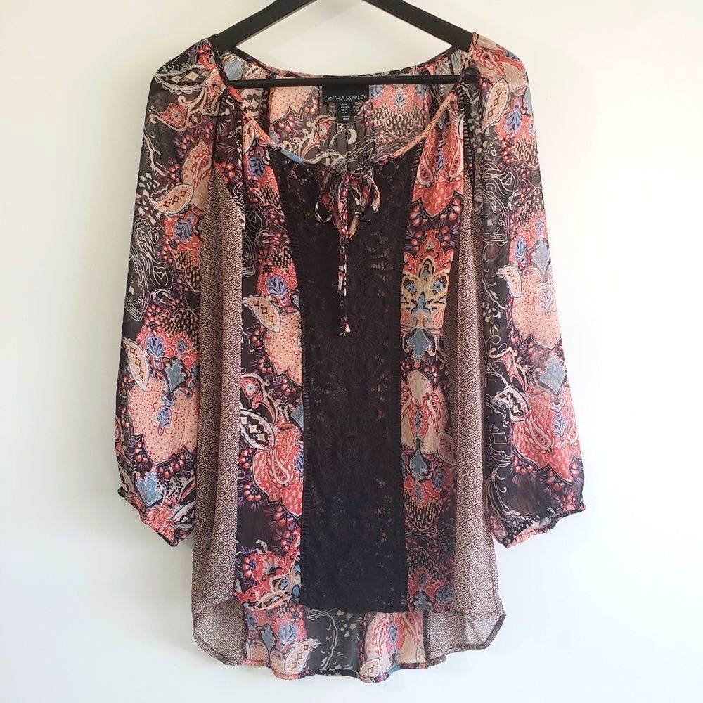 Cynthia Rowley Blouse Womens Size M Floral Black‎ Lace Tie Front Boho Festival